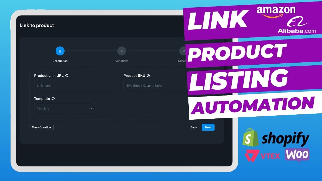 Automate product listing creation from Amazon and Alibaba links using AI-powered tools for Shopify, VTEX, and WooCommerce with Naper.ai.