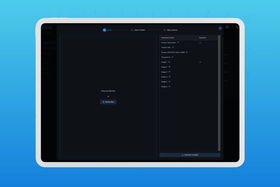 Naper AI’s CSV import interface for Mass Creation—upload and map fields to generate multiple Shopify product listings with consistent, SEO-friendly data.