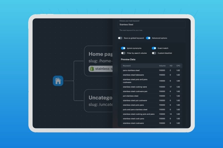 Category tree creation for ‘Stainless Steel’ using Naper AI’s data-driven suggestions—demonstrates how to add SEO to catalog pages Shopify, use bulk product editor Shopify, and follow Shopify SEO best practices.