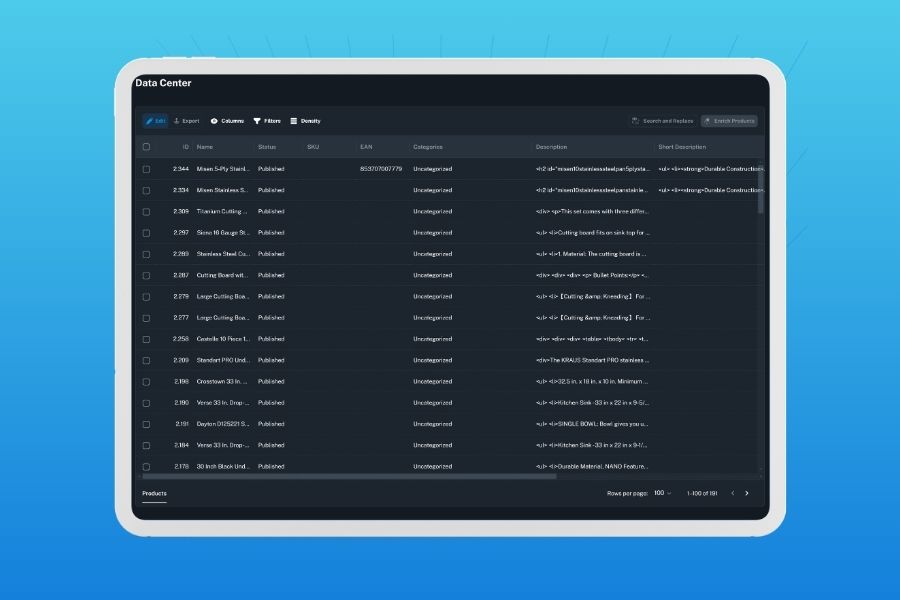 Naper AI’s Data Center interface showing the 'Enrich Products' popup—bulk editing product data, attributes, and SEO meta for efficient Shopify listings.