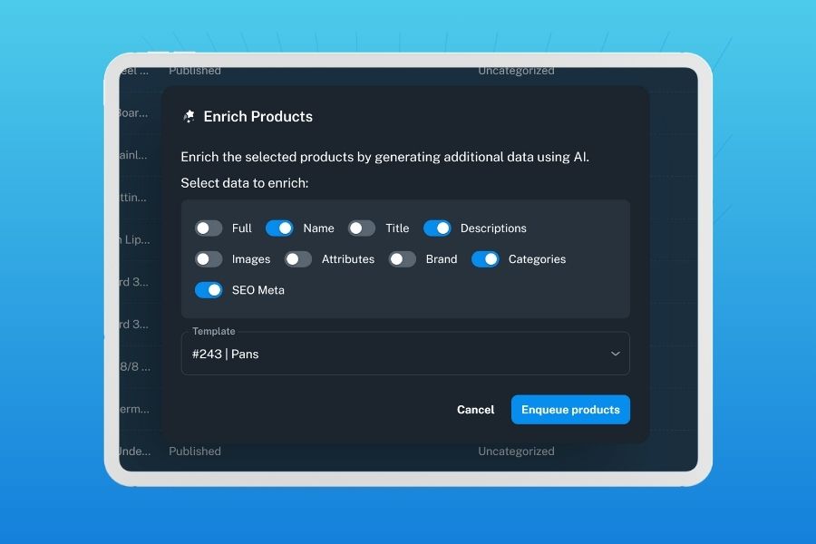 List of products in Naper AI’s Data Center, ready for bulk enrichment and optimized updates—streamlining Shopify product data and improving Google rankings.