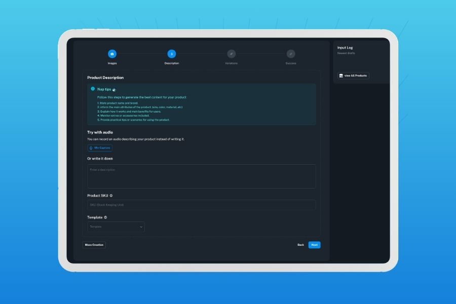 Adding detailed product descriptions in Naper AI’s Image-to-Product tool, supporting structured content for Shopify SEO.